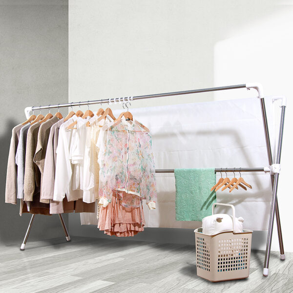 039020-01-01000-1 晴天媽咪 加長2.2M不鏽鋼X型伸縮曬衣架(贈10個防風掛勾)【039020-01】