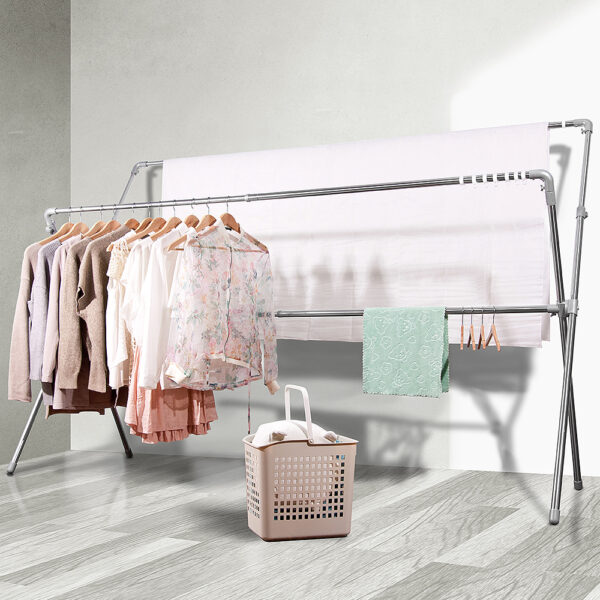 039023-01-01000-2 晴天媽咪 加長2.4M可調高鋁合金配件不鏽鋼X型伸縮曬衣架 (贈防風掛勾) 【039023-01】