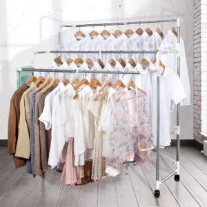 晴天媽咪 不鏽鋼多功能三桿伸縮曬衣架(附滾輪) 【039029-01】